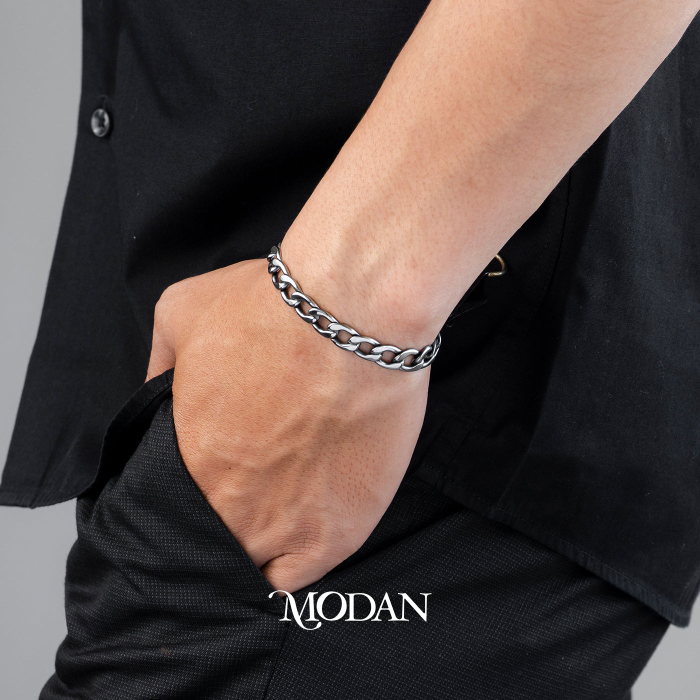 (21cm) Titanium Flat Curb Chain Men’s Bracelet Gelang Rantai Pria Hypoallergenic Stainless Steel