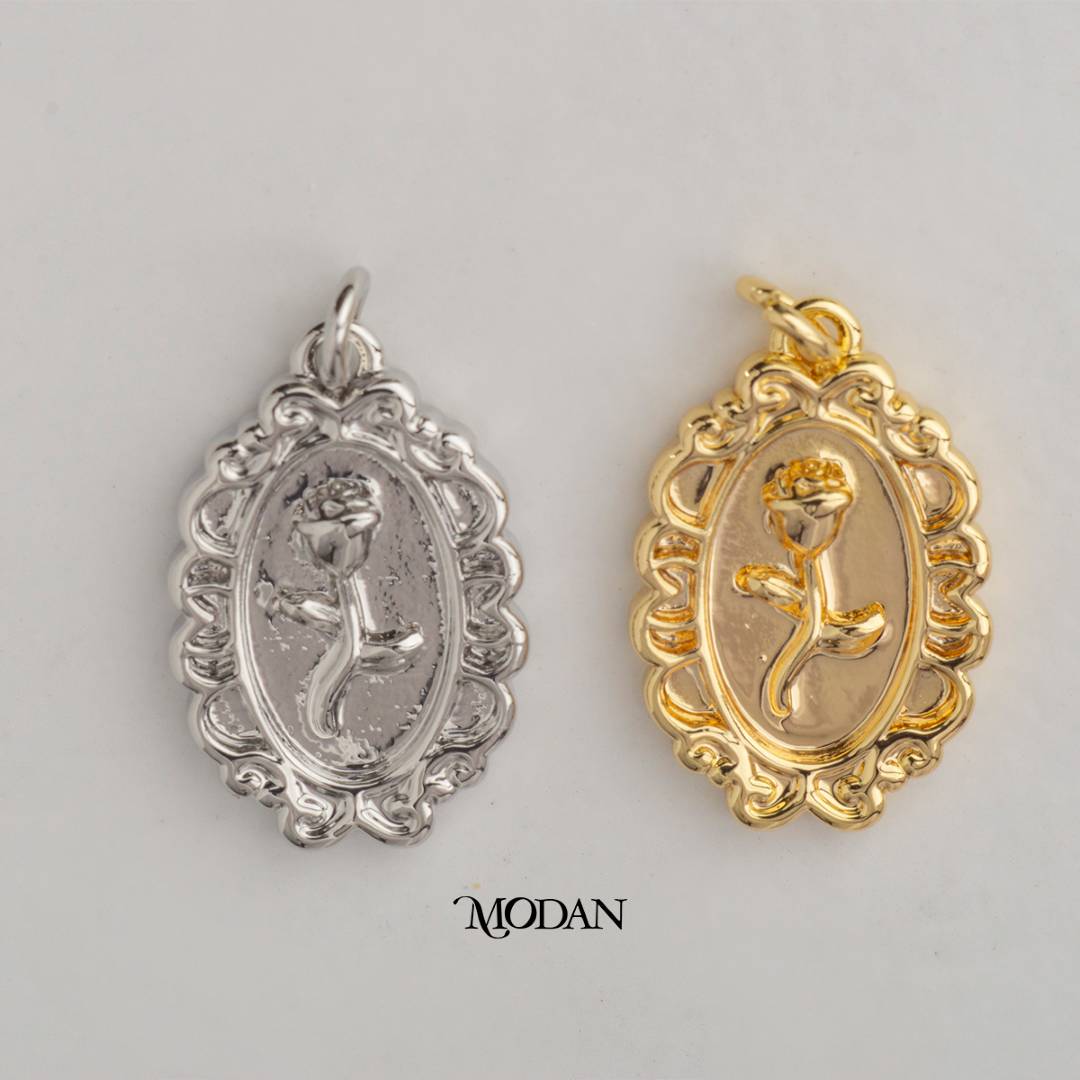 Rose Flower Oval DIY Charm Liontin Bunga Mawar Hypoallergenic Gold Plated