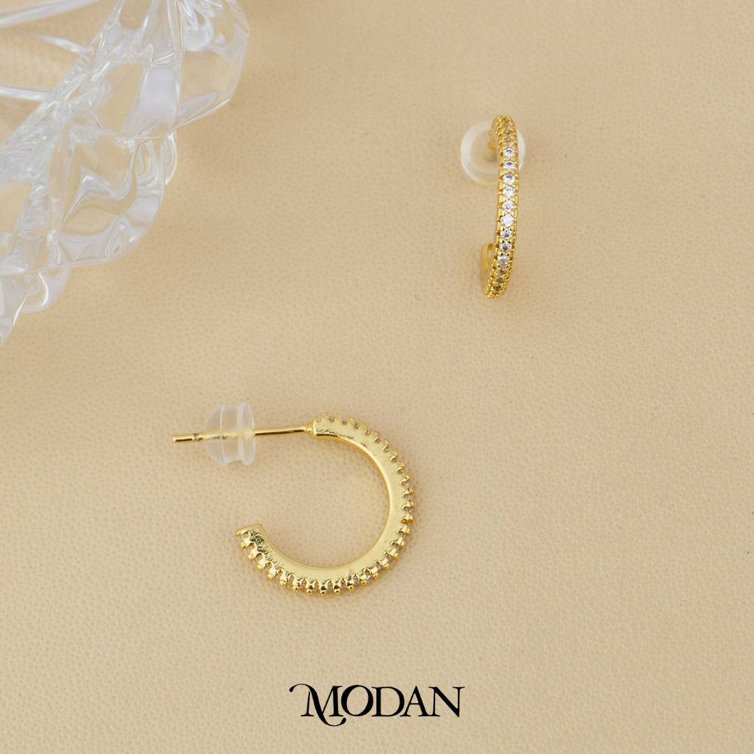 (15mm) Mini Micro Pave C Hoop Earrings Anting Bentuk C Hypoallergenic Gold Plated