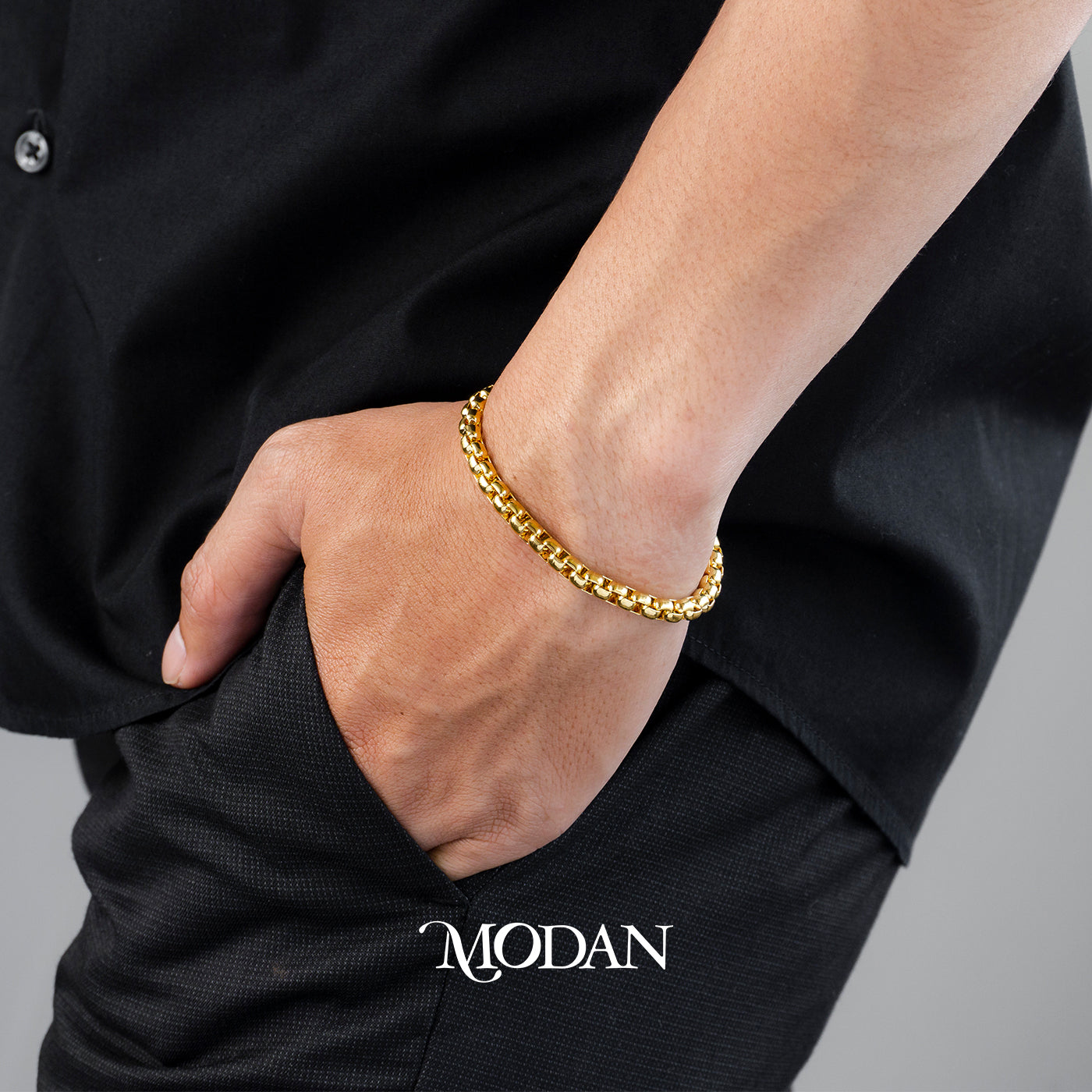 (18cm) Titanium Golden Box Chain Men’s Bracelet Gelang Rantai Pria Hypoallergenic Stainless Steel
