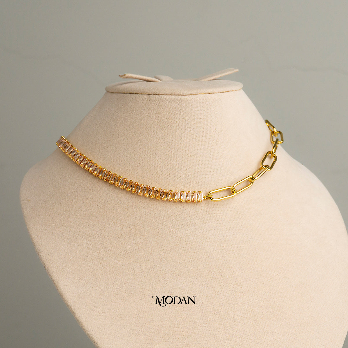 (40cm) Pink Peach Baguette Tennis Paperclip Necklace Kalung Hypoallergenic Gold Filled