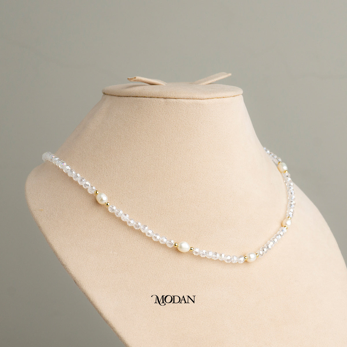 Blue Peach Clear Beaded Freshwater Necklace Kalung Manik Mutiara Crystal Hypoallergenic Gold Plated