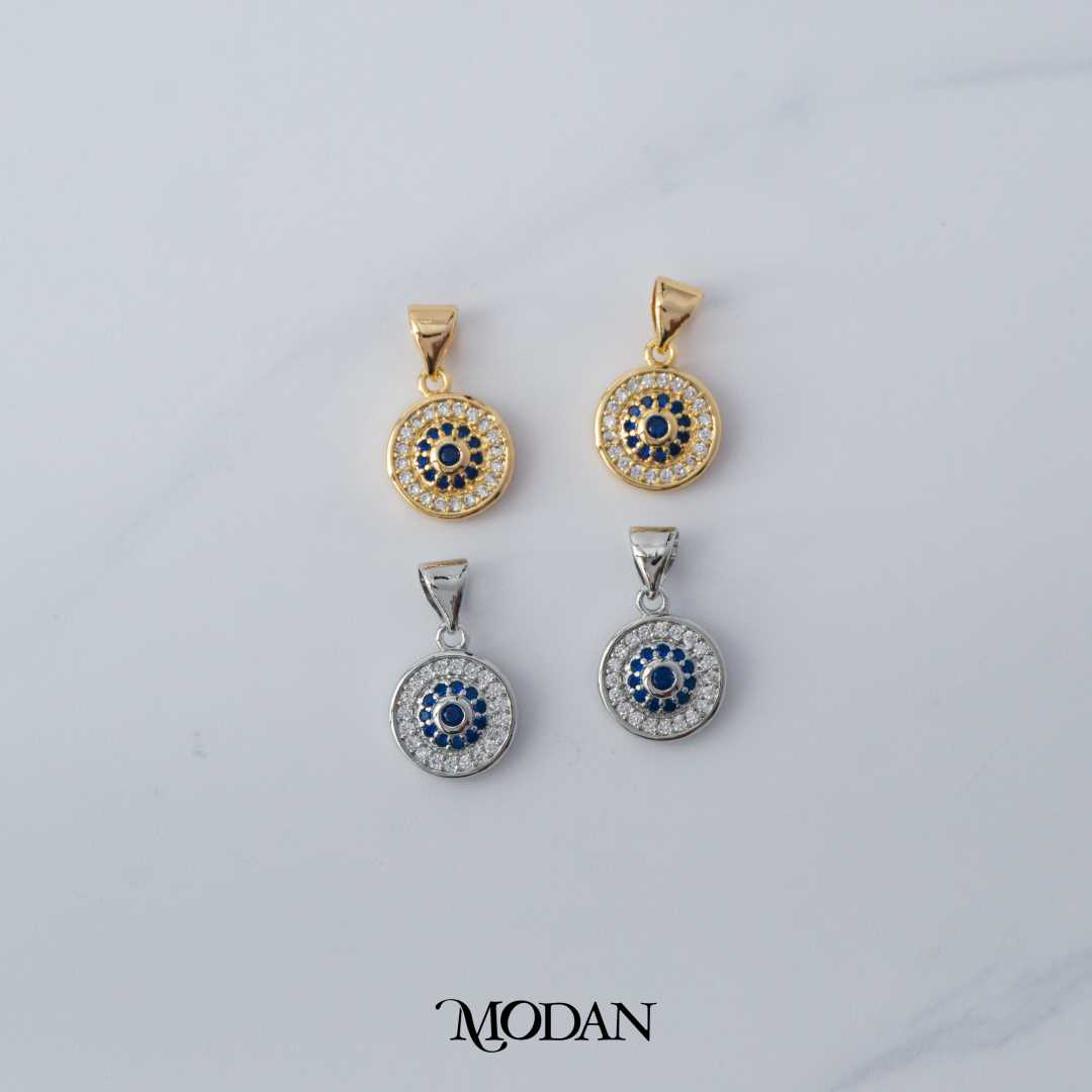 Blue Sapphire Micro Paved Round Charm Liontin Berlian Pasir Hypoallergenic Gold Plated