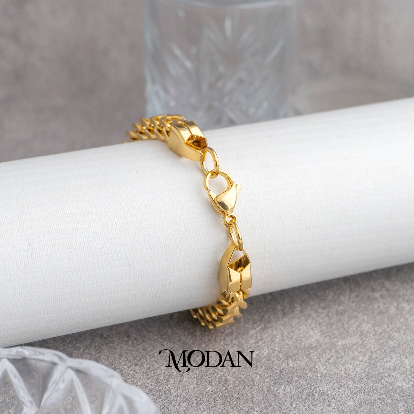 (20cm) Titanium Golden Square Foxtail Chain Men’s Bracelet Gelang Rantai Pria Hypoallergenic Stainless Steel