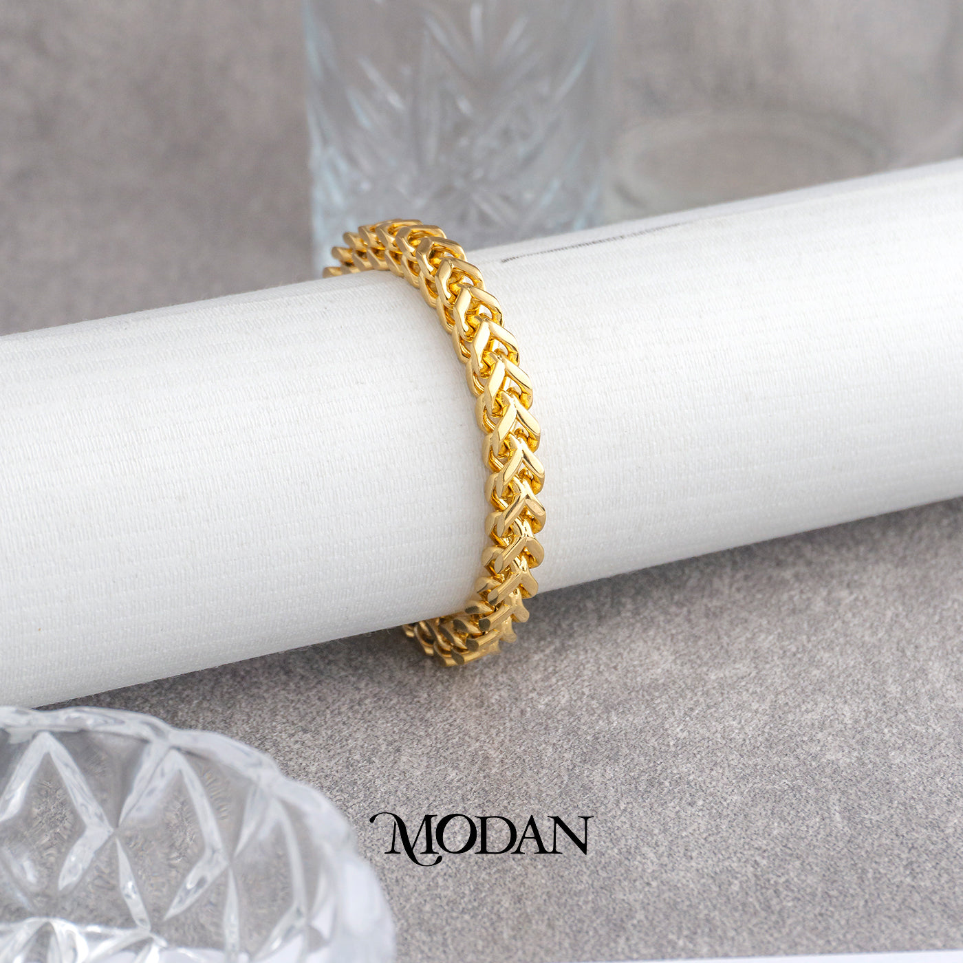 (20cm) Titanium Golden Square Foxtail Chain Men’s Bracelet Gelang Rantai Pria Hypoallergenic Stainless Steel