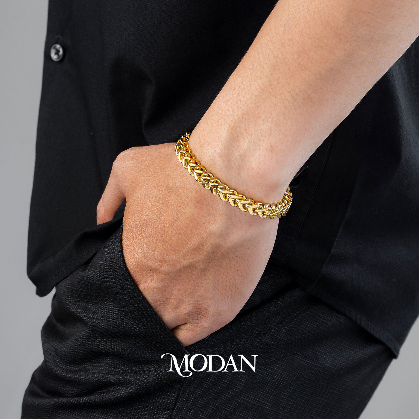 (20cm) Titanium Golden Square Foxtail Chain Men’s Bracelet Gelang Rantai Pria Hypoallergenic Stainless Steel