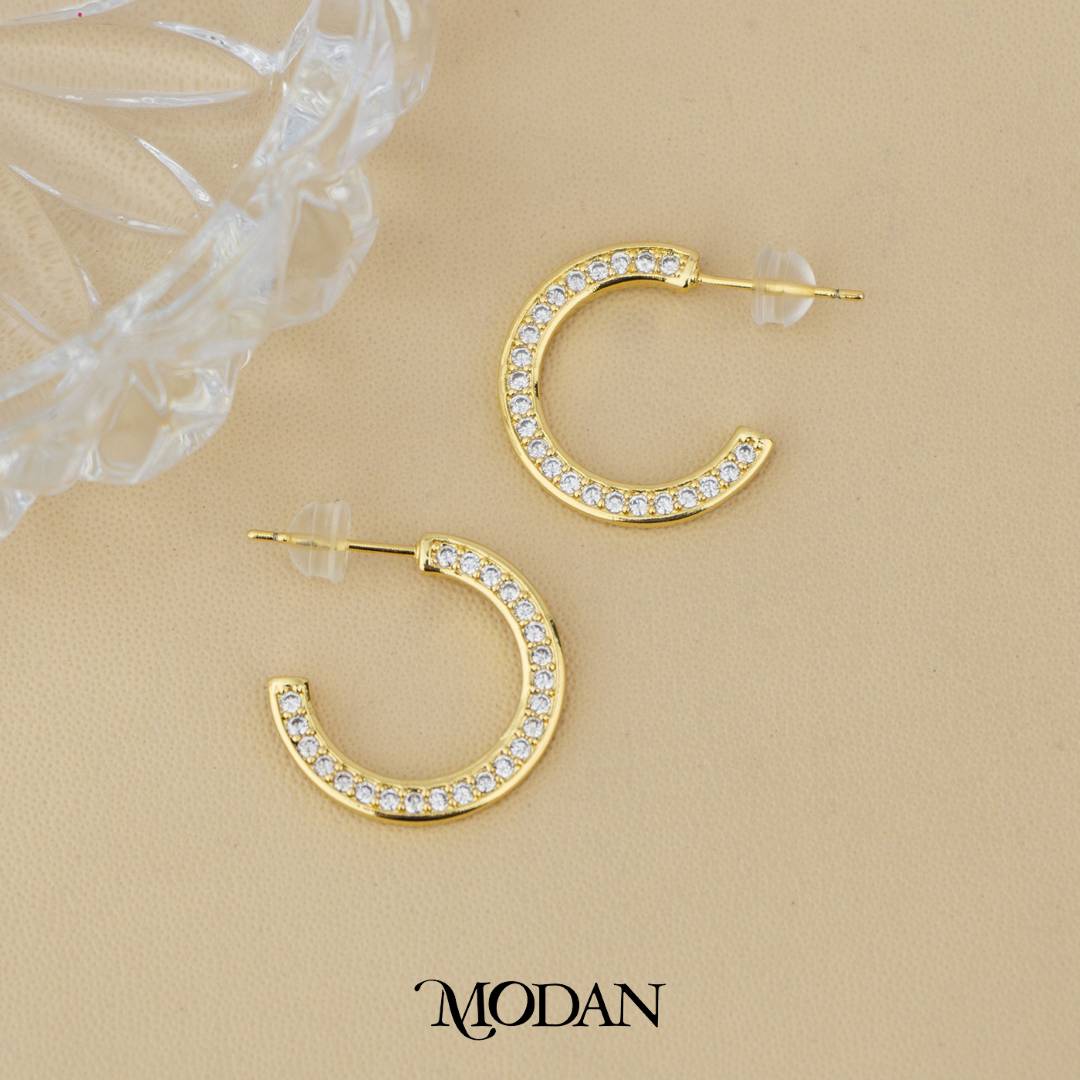 (20mm) Elegant One-Sided Tosca and Clear Cubic Zirconia C-Hoops Earrings Anting Bentuk C Hypoallergenic Gold Plated