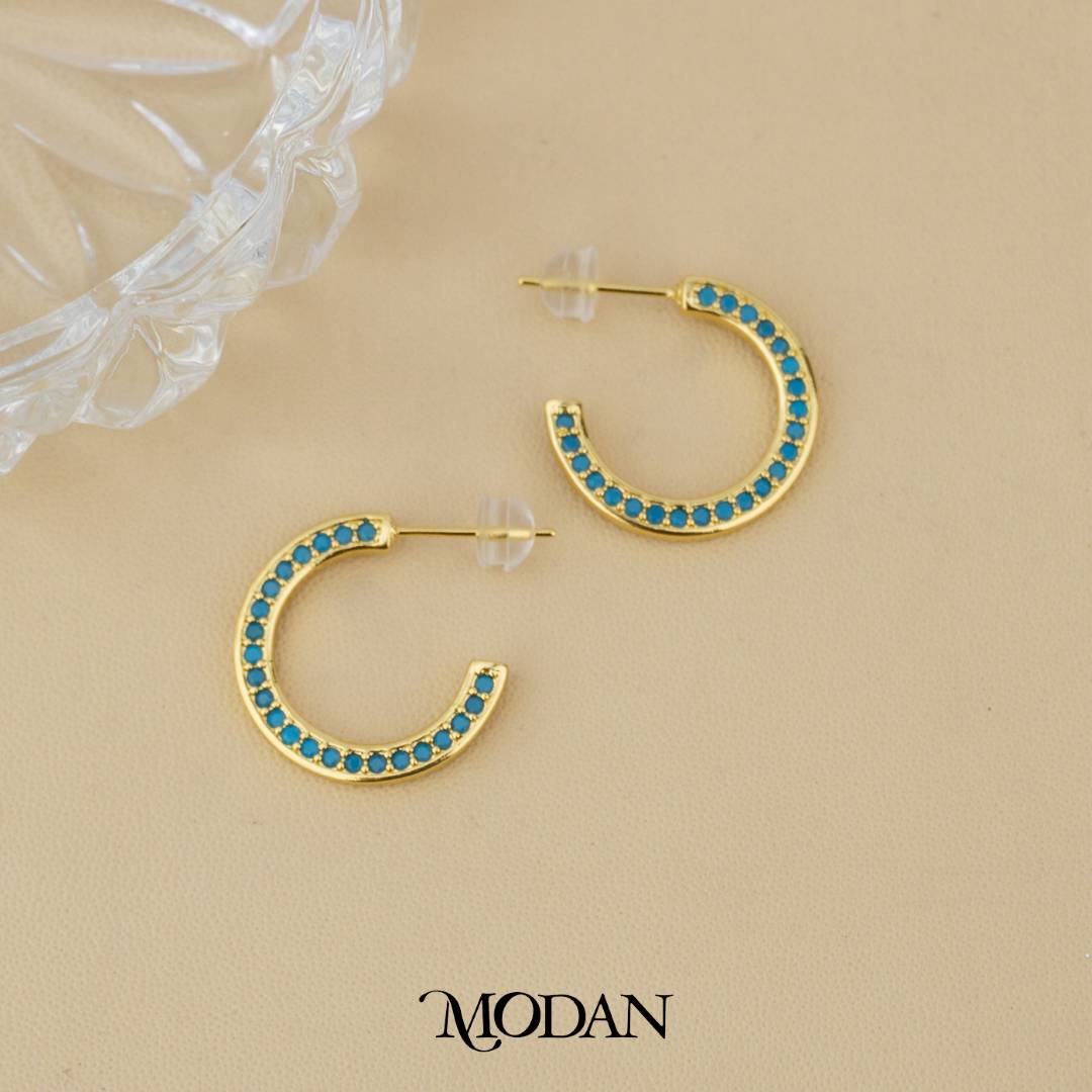 (20mm) Elegant One-Sided Tosca and Clear Cubic Zirconia C-Hoops Earrings Anting Bentuk C Hypoallergenic Gold Plated