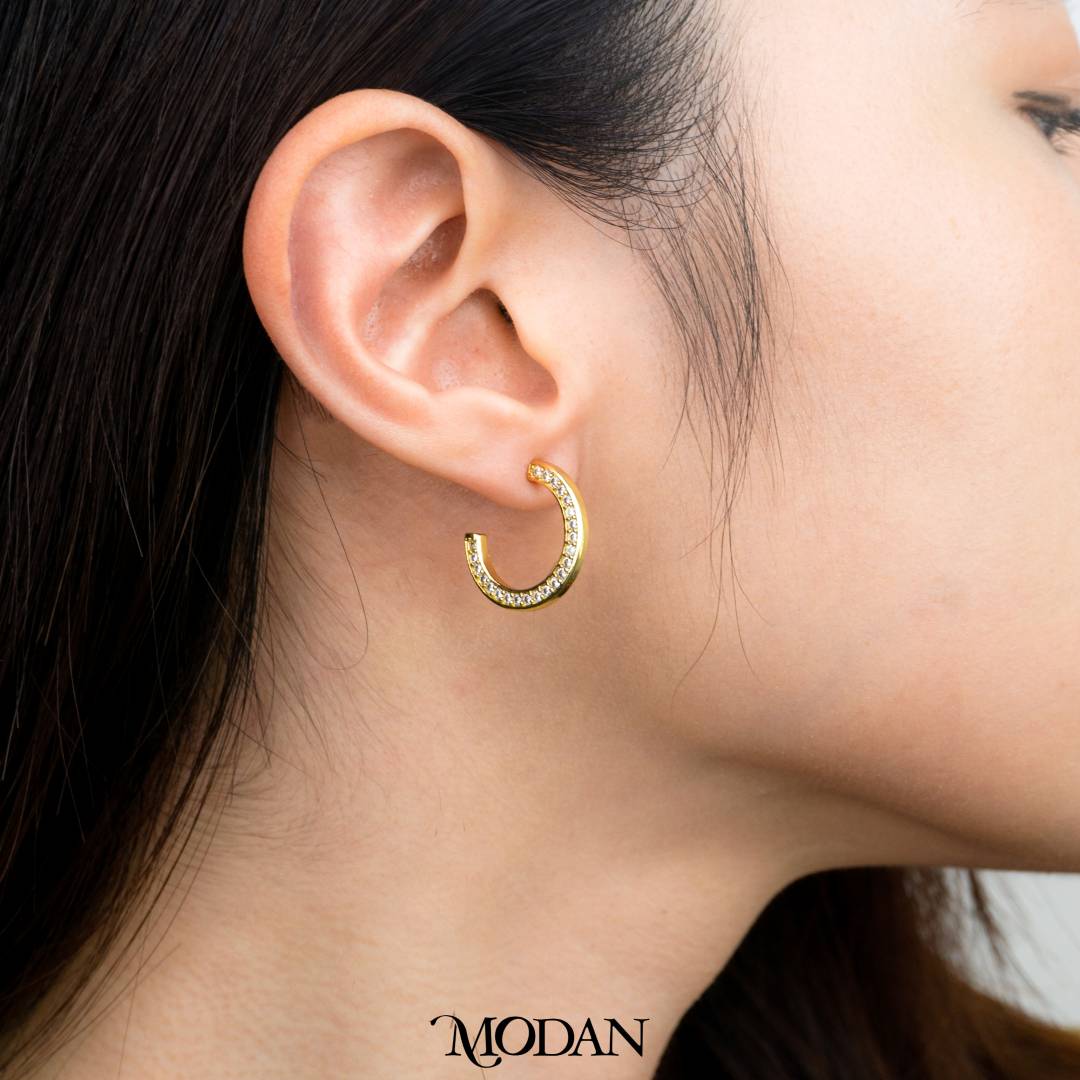 (20mm) Elegant One-Sided Tosca and Clear Cubic Zirconia C-Hoops Earrings Anting Bentuk C Hypoallergenic Gold Plated