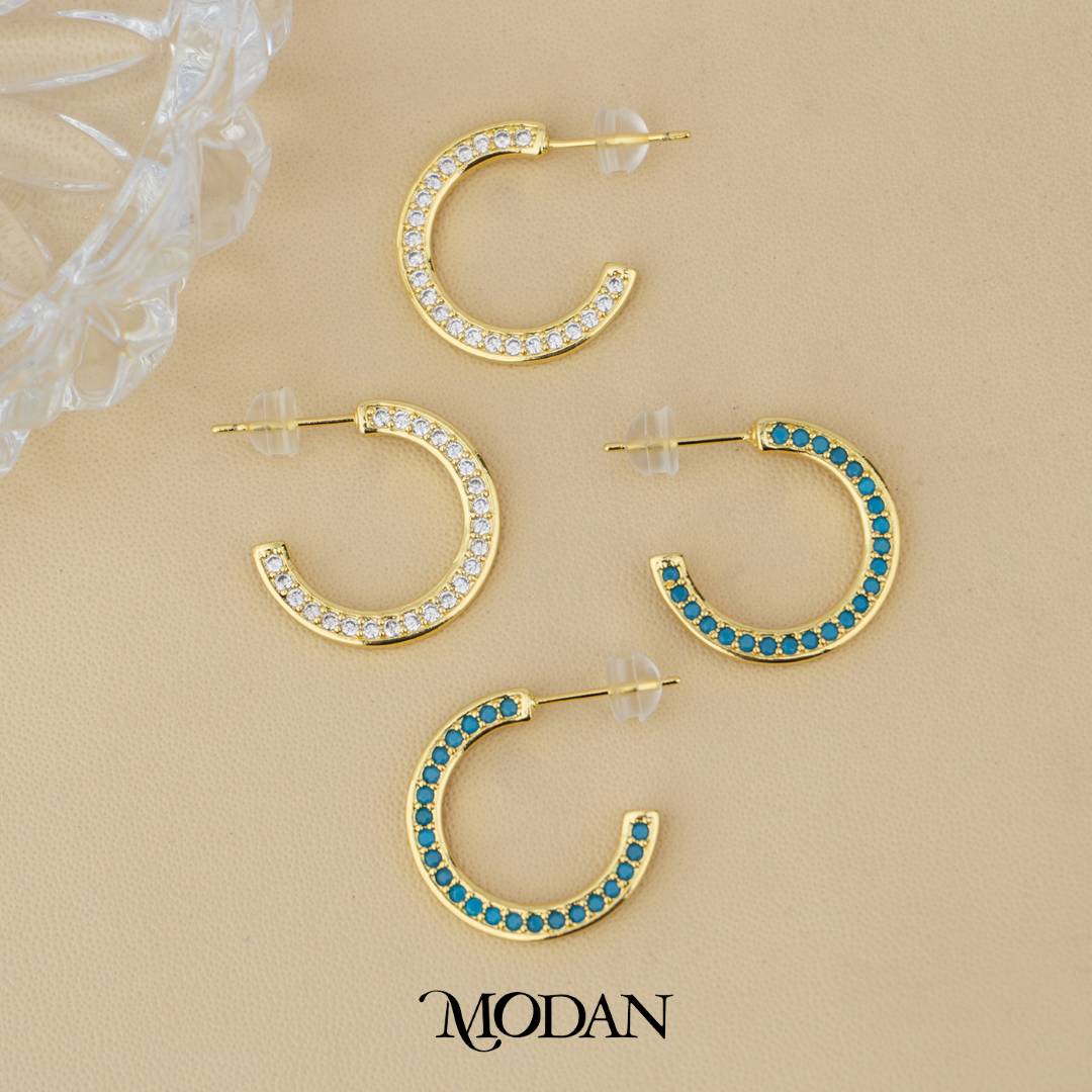 (20mm) Elegant One-Sided Tosca and Clear Cubic Zirconia C-Hoops Earrings Anting Bentuk C Hypoallergenic Gold Plated