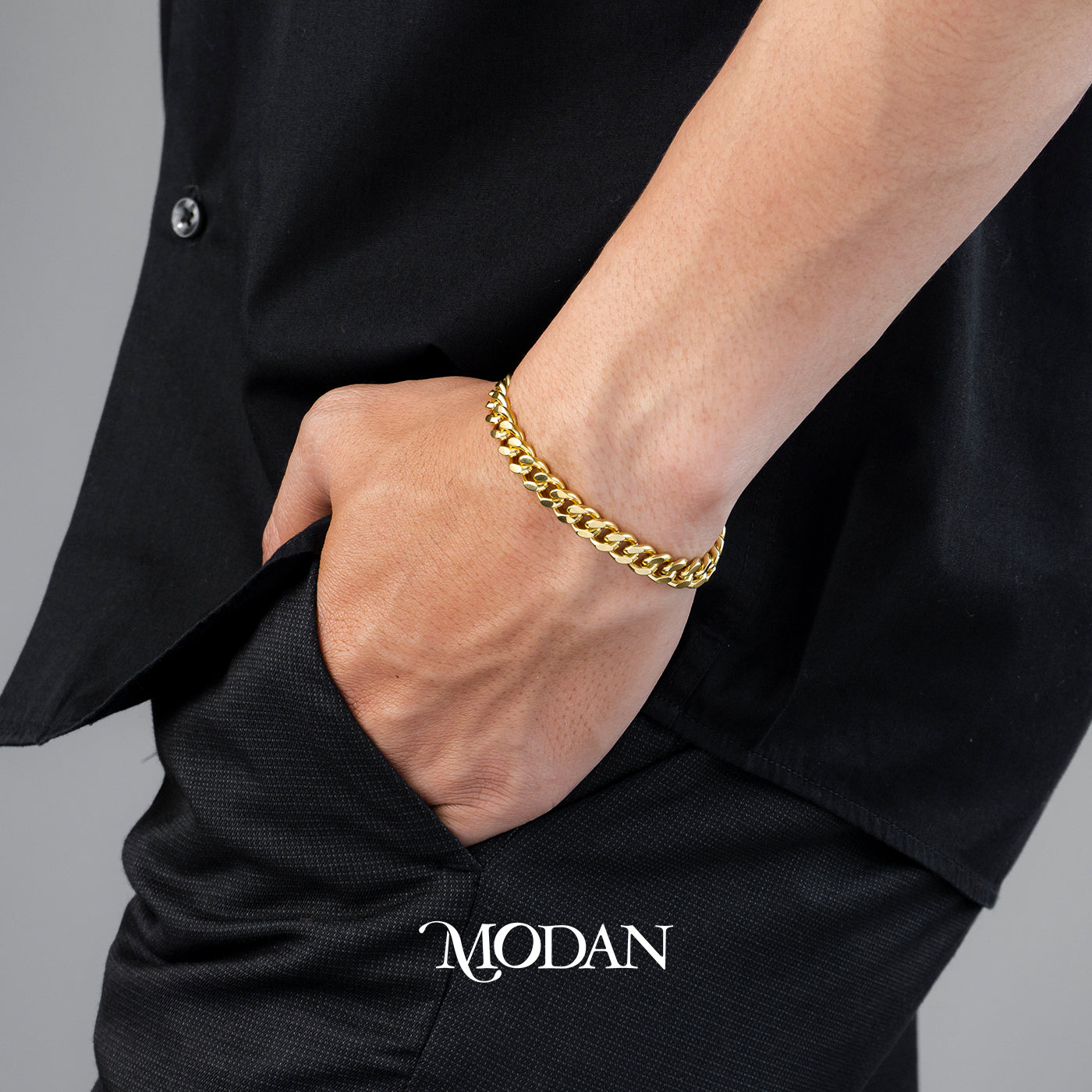 (21cm) (7mm) Titanium Golden Curb Chain Men’s Bracelet Gelang Rantai Pria Hypoallergenic Stainless Steel