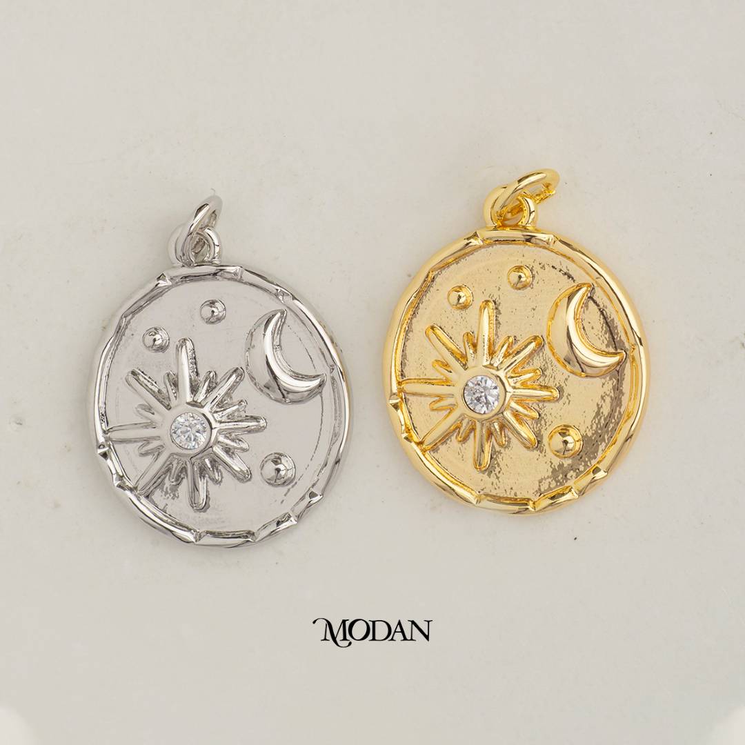 Oval Celestial Moon Sun Coin DIY Charm Liontin Matahari Bulan Hypoallergenic Gold Filled