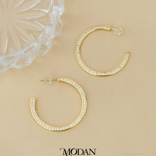 (35mm) One-Sided Clear Cubic Zirconia C-Hoops Earrings Anting Bentuk C Hypoallergenic Gold Plated