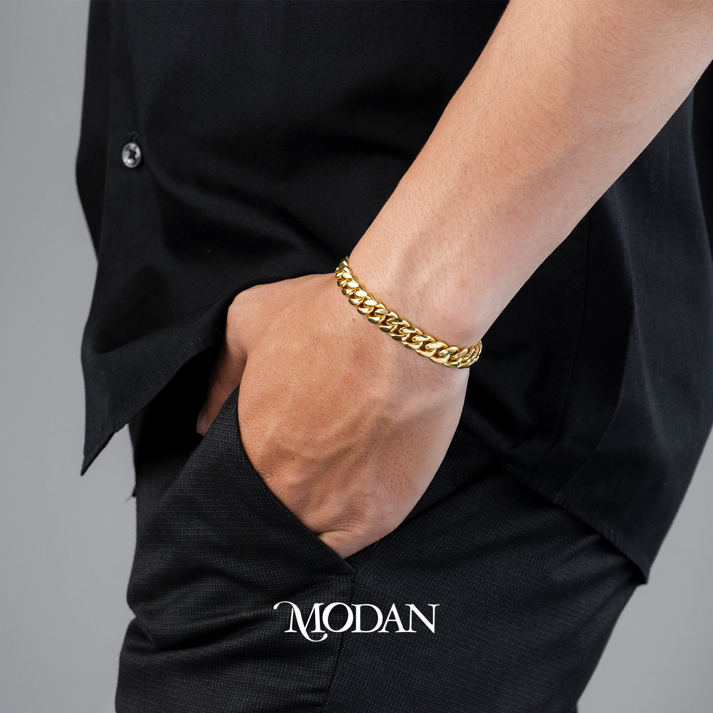 (21cm)(8mm) Titanium Golden Miami Cuban Chain Men’s Bracelet Gelang Rantai Pria Hypoallergenic Stainless Steel