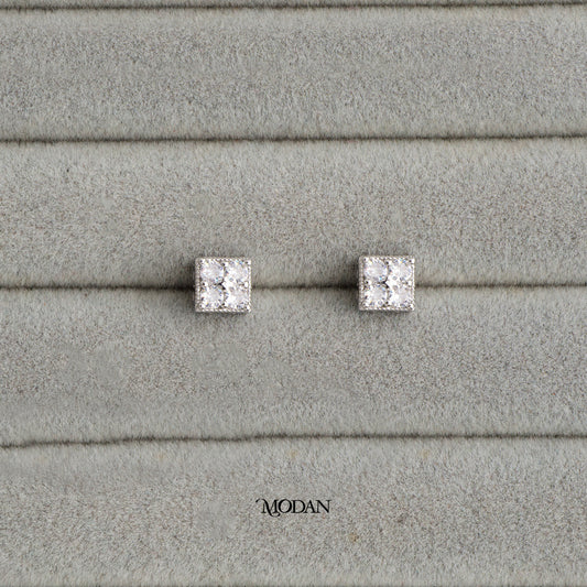 (8mm) Cluster Zirconia Square Stud Earrings Anting Tusuk Persegi Hypoallergenic Gold Plated