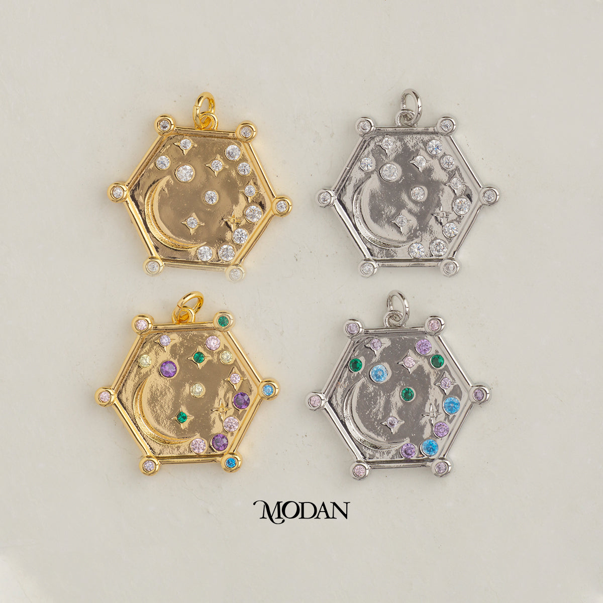 Colorful Celestial Moon and Star Hexagon DIY Charm Liontin Bulan Bintang Hypoallergenic Gold Plated