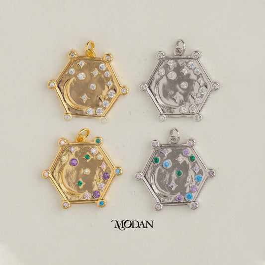 Colorful Celestial Moon and Star Hexagon DIY Charm Liontin Bulan Bintang Hypoallergenic Gold Plated