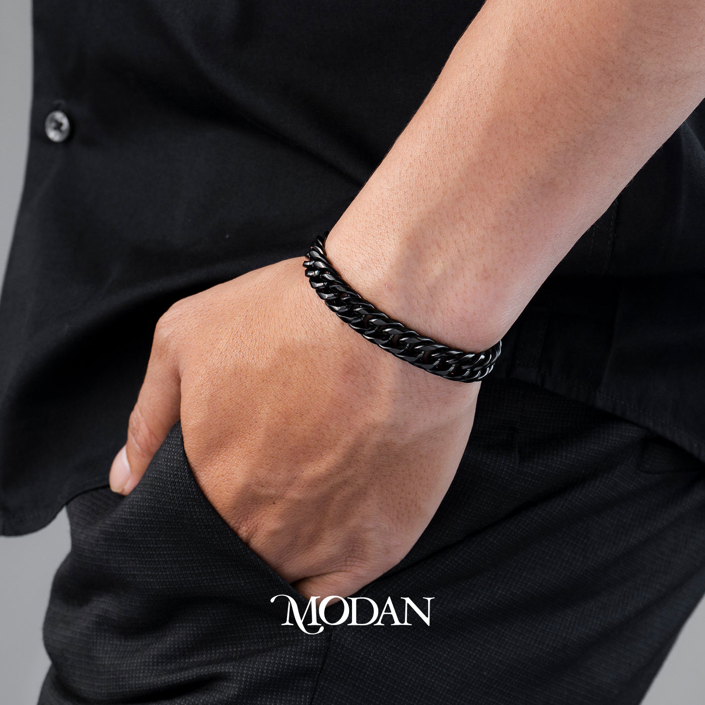 (22cm)(10mm) Titanium Black Miami Cuban Chain Men’s Bracelet Gelang Rantai Pria Hypoallergenic Stainless Steel