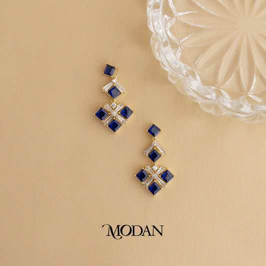 Sparkling Blue Lapiz Lazuli Rhombus Drop Earrings Anting Gantung Pesta Hypoallergenic Gold Plated