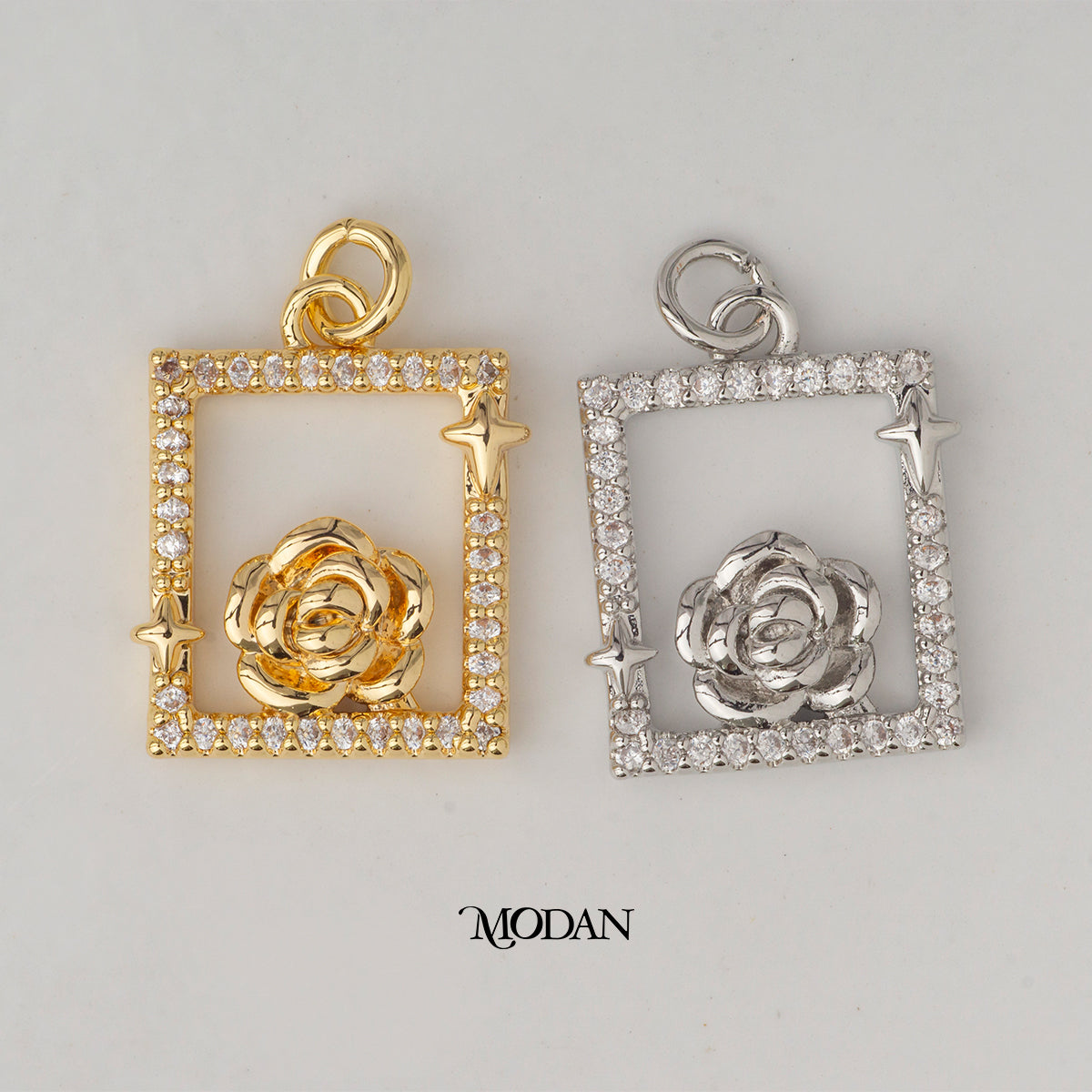 Rose Flower Star Rectangular DIY Charm Liontin  Bunga Mawar Bintang Hypoallergenic Gold Plated