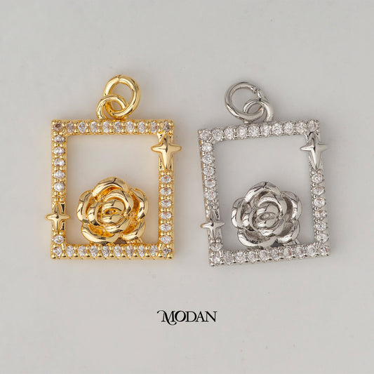 Rose Flower Star Rectangular DIY Charm Liontin  Bunga Mawar Bintang Hypoallergenic Gold Plated
