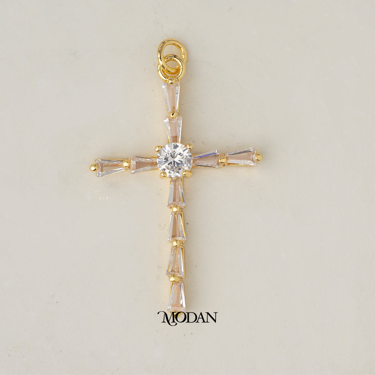 Sparkling Religious Cross Baguette DIY Charm Liontin Salib Hypoallergenic Gold Plated