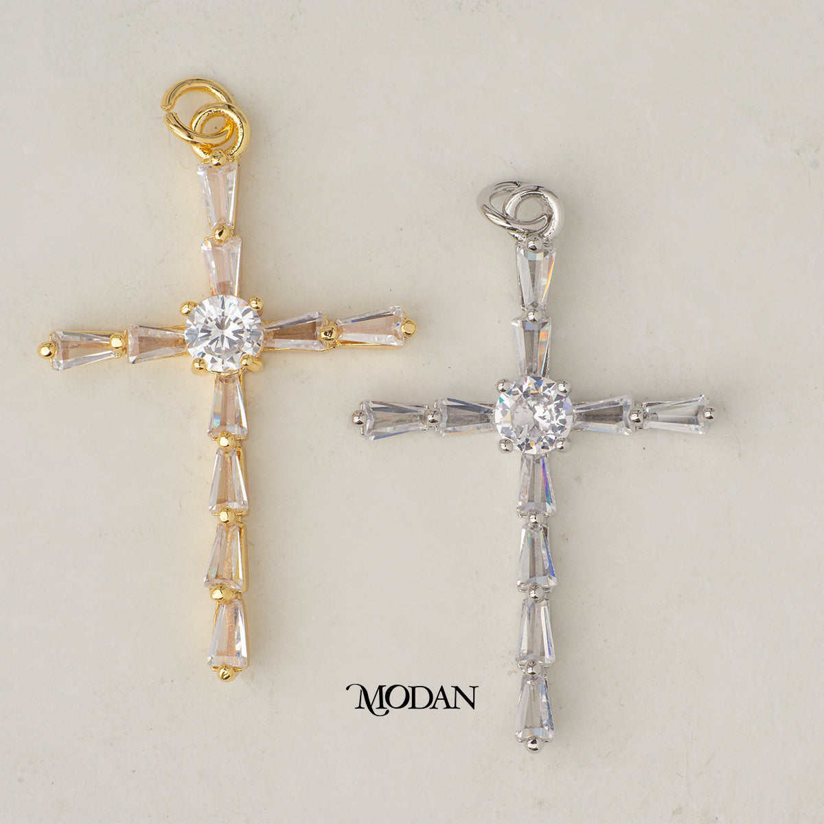 Sparkling Religious Cross Baguette DIY Charm Liontin Salib Hypoallergenic Gold Plated