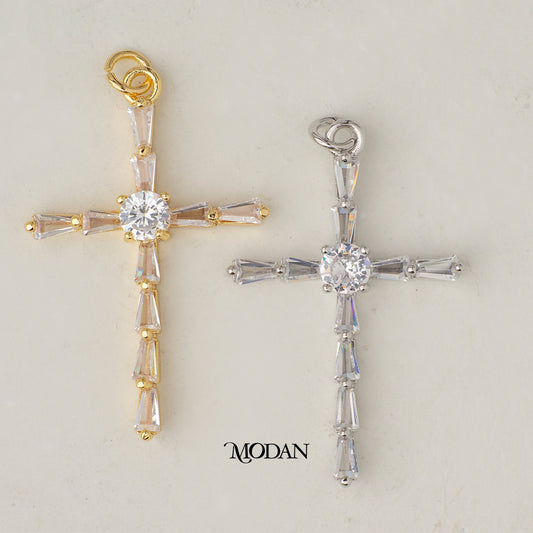 Sparkling Religious Cross Baguette DIY Charm Liontin Salib Hypoallergenic Gold Plated