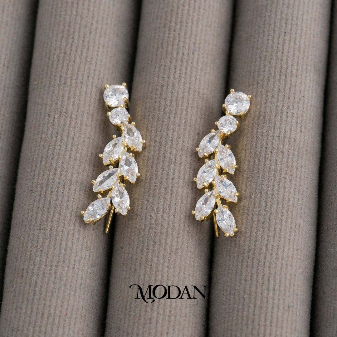 Sparkling Ear Climber Leaf Earrings Anting Daun Pesta Hypoallergenic Gold Plated