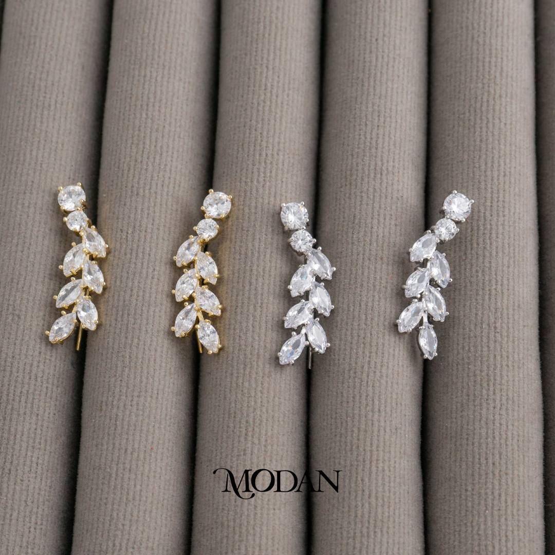 Sparkling Ear Climber Leaf Earrings Anting Daun Pesta Hypoallergenic Gold Plated