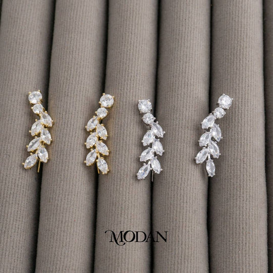 Sparkling Ear Climber Leaf Earrings Anting Daun Pesta Hypoallergenic Gold Plated