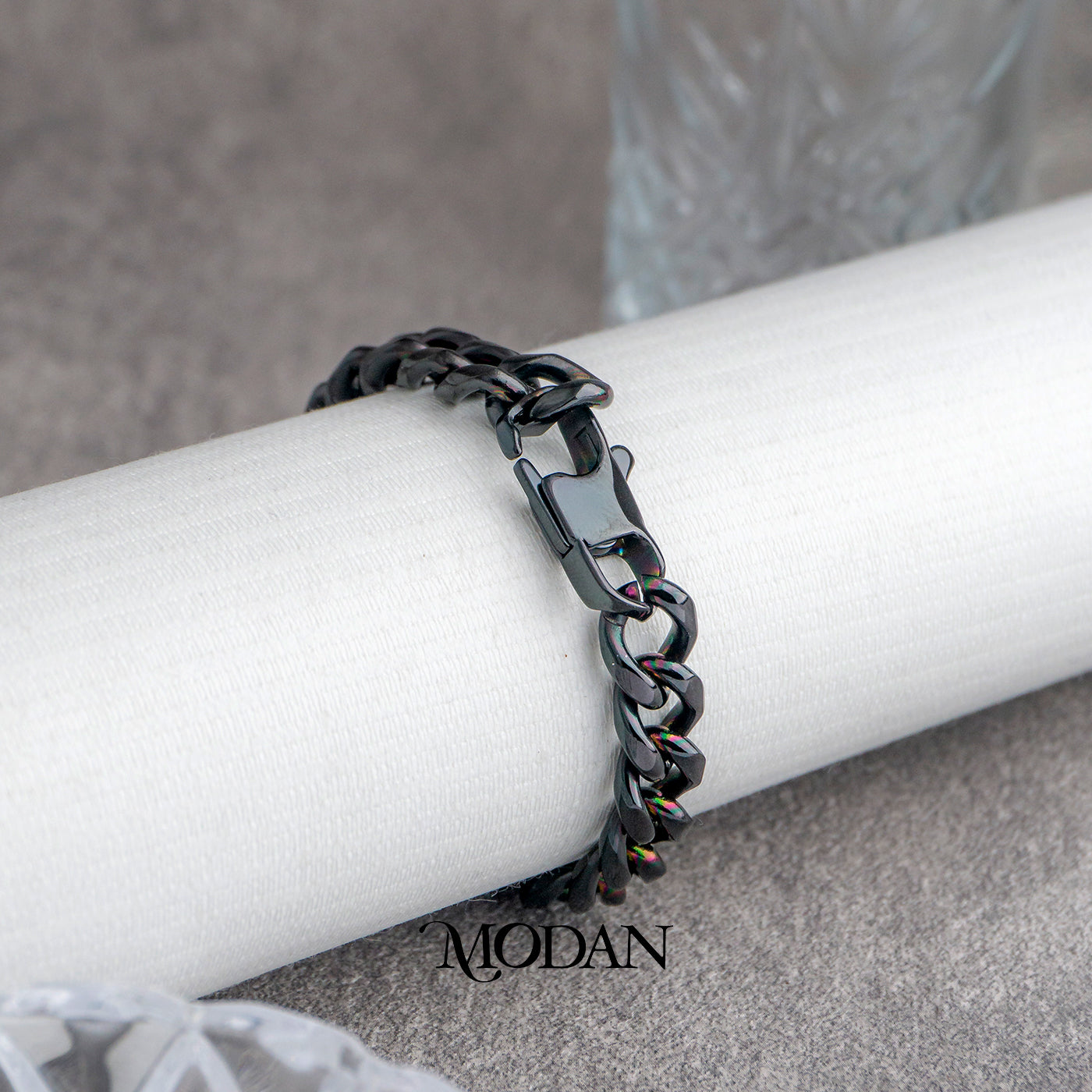 (22cm) (8mm) Titanium Black Curb Chain Men’s Bracelet Gelang Rantai Pria Hypoallergenic Stainless Steel