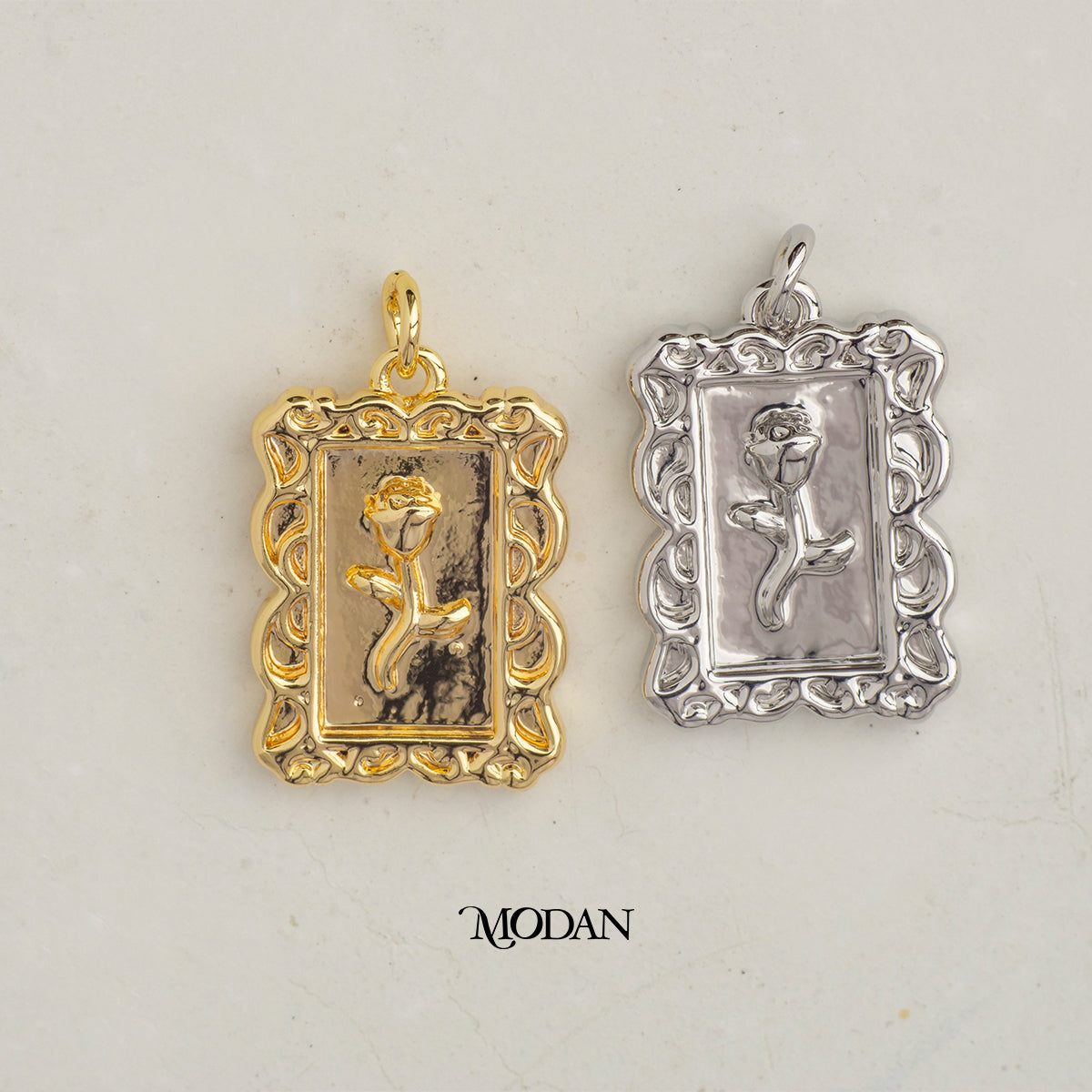 Elegant Rose Flower Rectangular DIY Charm Liontin  Bunga Mawar Hypoallergenic Gold Plated