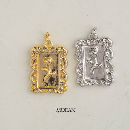 Elegant Rose Flower Rectangular DIY Charm Liontin  Bunga Mawar Hypoallergenic Gold Plated