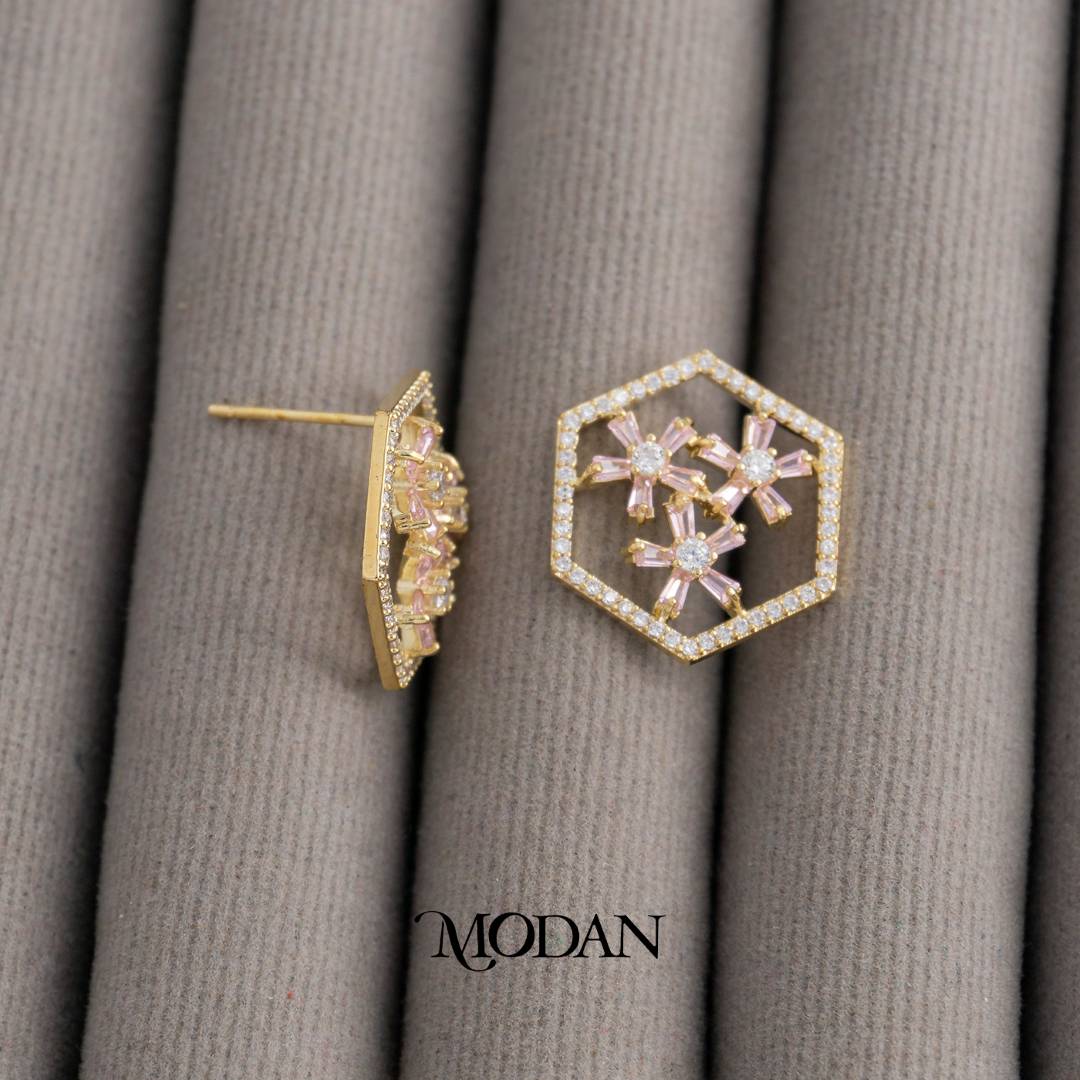 Pastel Pink Flower Baguette Hexagon Stud Earrings Anting Tusuk Bunga Pink Hypoallergenic Gold Plated