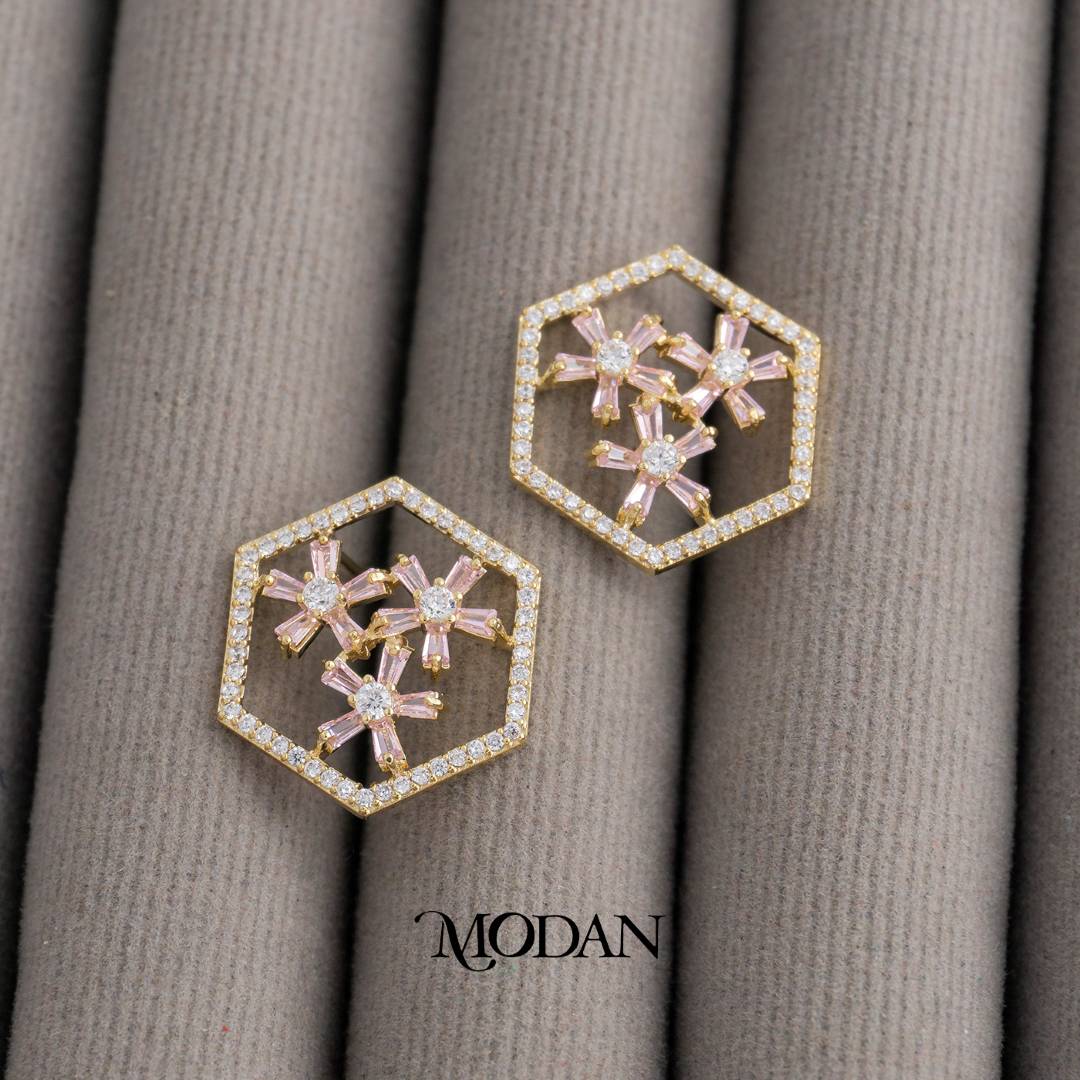 Pastel Pink Flower Baguette Hexagon Stud Earrings Anting Tusuk Bunga Pink Hypoallergenic Gold Plated