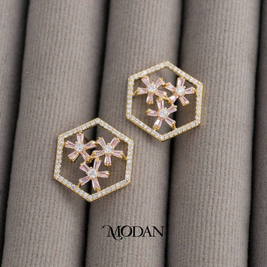 Pastel Pink Flower Baguette Hexagon Stud Earrings Anting Tusuk Bunga Pink Hypoallergenic Gold Plated
