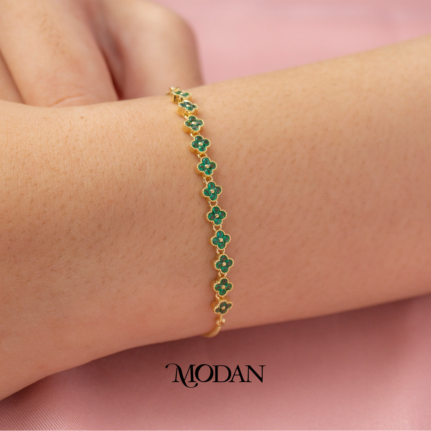 Sparkling Green Clover Dainty Adjustable Bracelet Gelang Serut Hypoallergenic Gold Plated