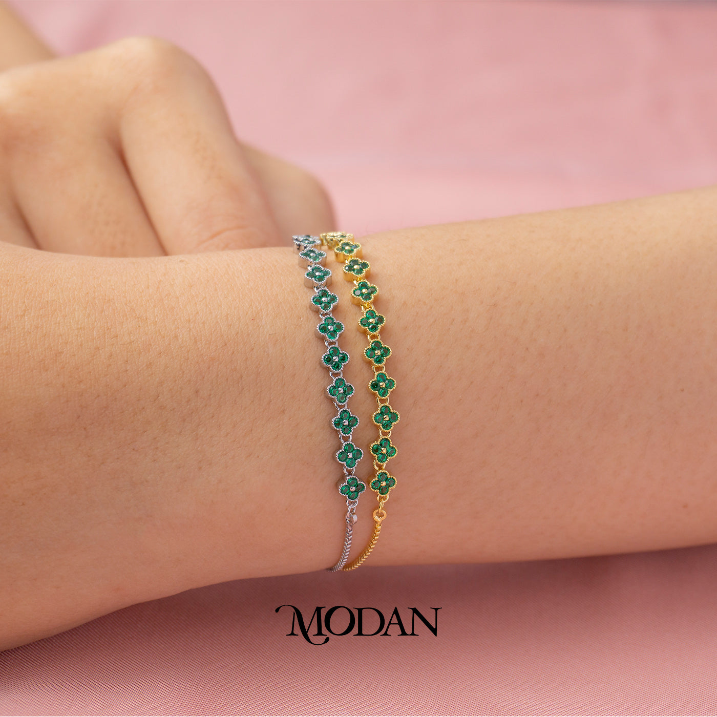 Sparkling Green Clover Dainty Adjustable Bracelet Gelang Serut Hypoallergenic Gold Plated