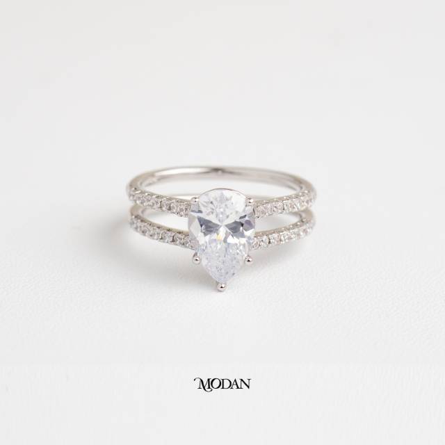 Pear Cut Solitaire Double Pave Ring Cincin Tetes Air Dua Lapis Hypoallergenic Gold Plated
