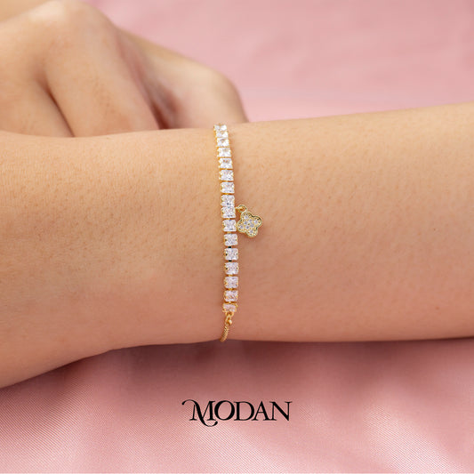 Sparkling Baguette Dangle Clover Dainty Adjustable Bracelet Gelang Serut Hypoallergenic Gold Plated