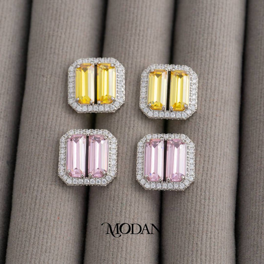 Pink Yellow Baguette Bar Stud Earrings Anting Tusuk Persegi Pesta Pernikahan Hypoallergenic Gold Plated