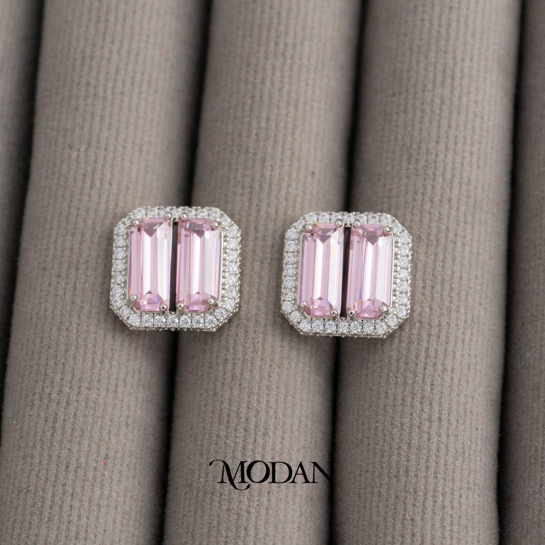 Pink Yellow Baguette Bar Stud Earrings Anting Tusuk Persegi Pesta Pernikahan Hypoallergenic Gold Plated