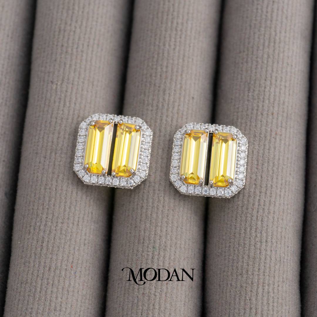 Pink Yellow Baguette Bar Stud Earrings Anting Tusuk Persegi Pesta Pernikahan Hypoallergenic Gold Plated