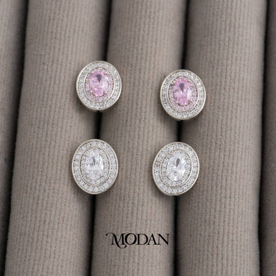 Pink & Clear Micro Pave Oval Stud Earrings Anting Tusuk Oval Pesta Pernikahan Hypoallergenic Gold Plated