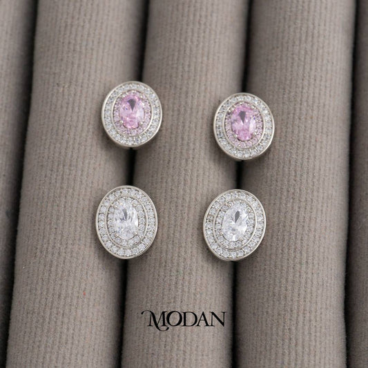 Pink & Clear Micro Pave Oval Stud Earrings Anting Tusuk Oval Pesta Pernikahan Hypoallergenic Gold Plated