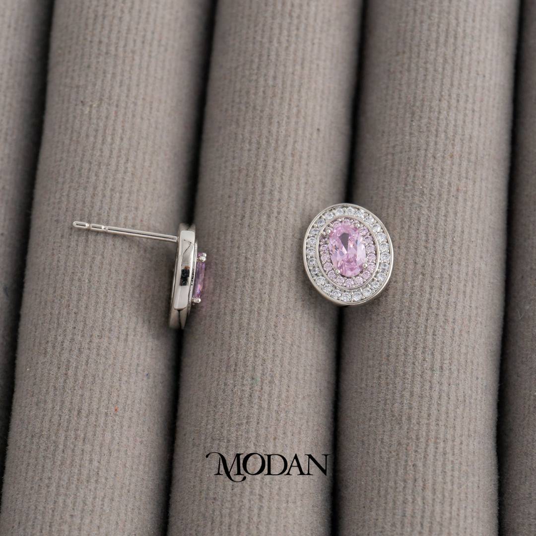 Pink & Clear Micro Pave Oval Stud Earrings Anting Tusuk Oval Pesta Pernikahan Hypoallergenic Gold Plated