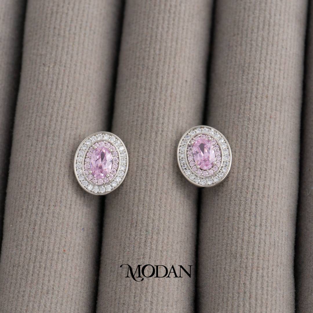 Pink & Clear Micro Pave Oval Stud Earrings Anting Tusuk Oval Pesta Pernikahan Hypoallergenic Gold Plated