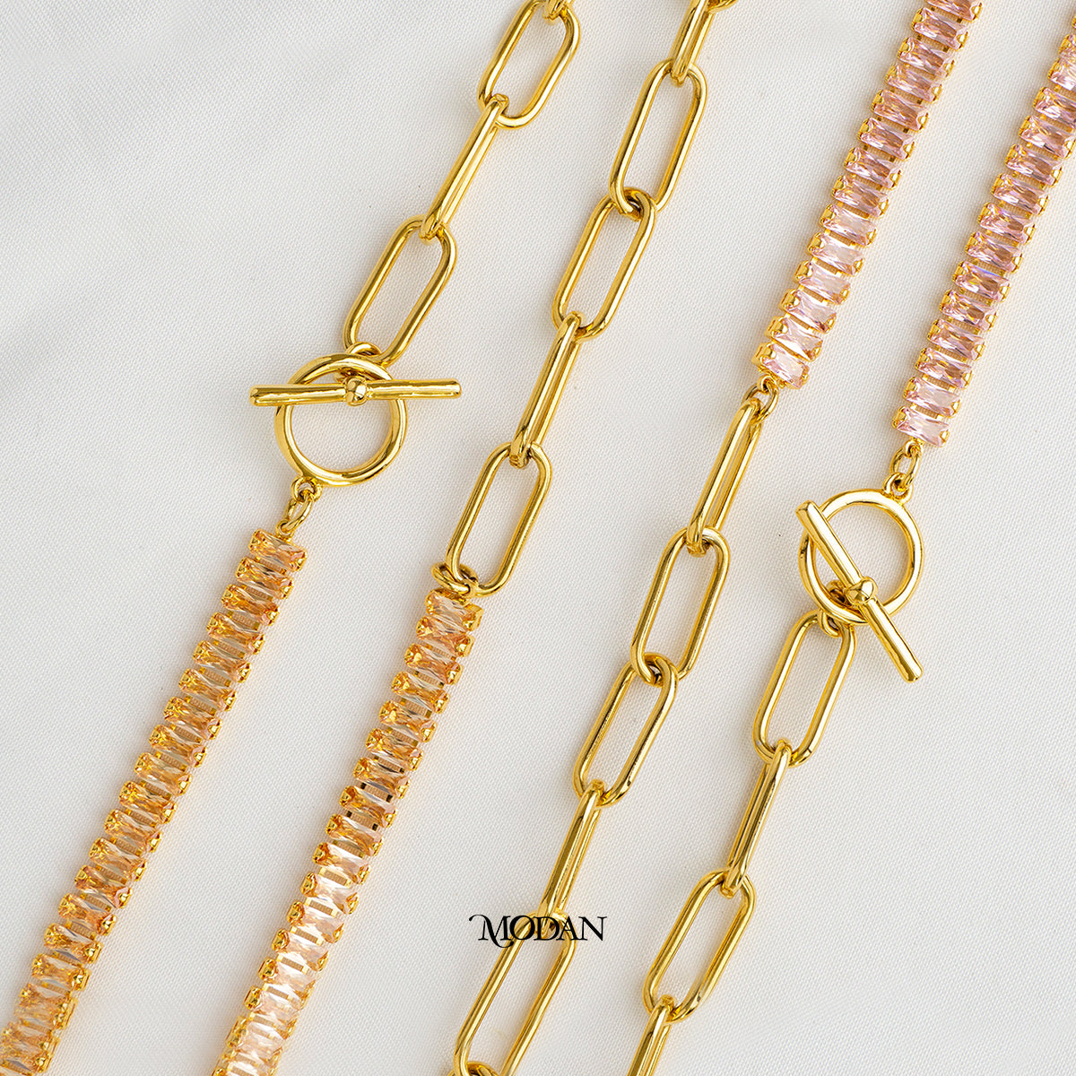 (40cm) Pink Peach Baguette Tennis Paperclip Necklace Kalung Hypoallergenic Gold Filled