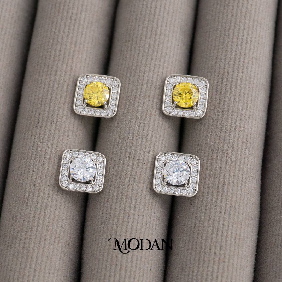 Clear Yellow Micro Pave Square Stud Earrings Anting Tusuk Persegi Pesta Pernikahan Hypoallergenic Gold Plated